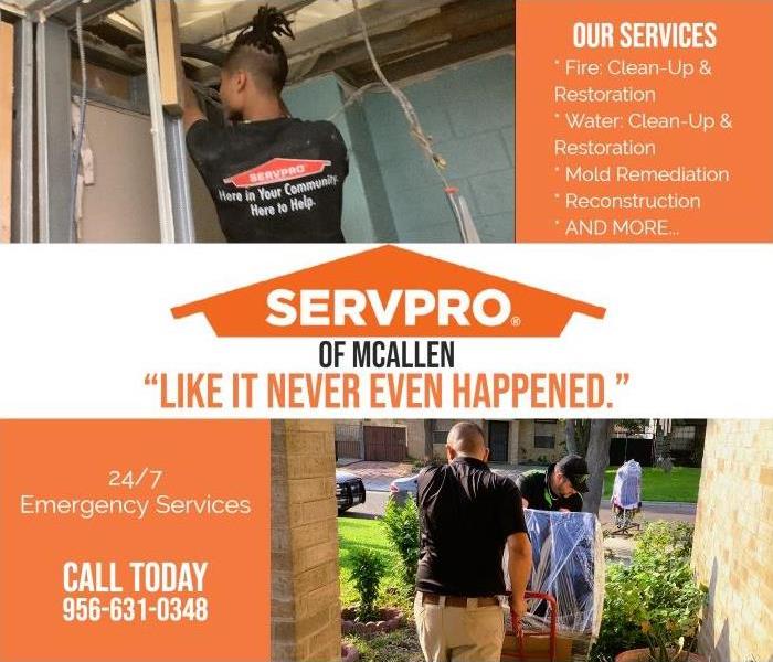 SERVPRO ad with technicians helping working crews water mitigation services mcallen location mcallen texas